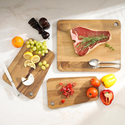 Sango Acacia Cutting Board Set with Juice Grooves and Partitions for Serving, 3-Piece- Wood Chopping Boards, Stackable & Reversible for Kitchen, Non-Toxic, Perfect as Butcher Block Countertop, Atelier