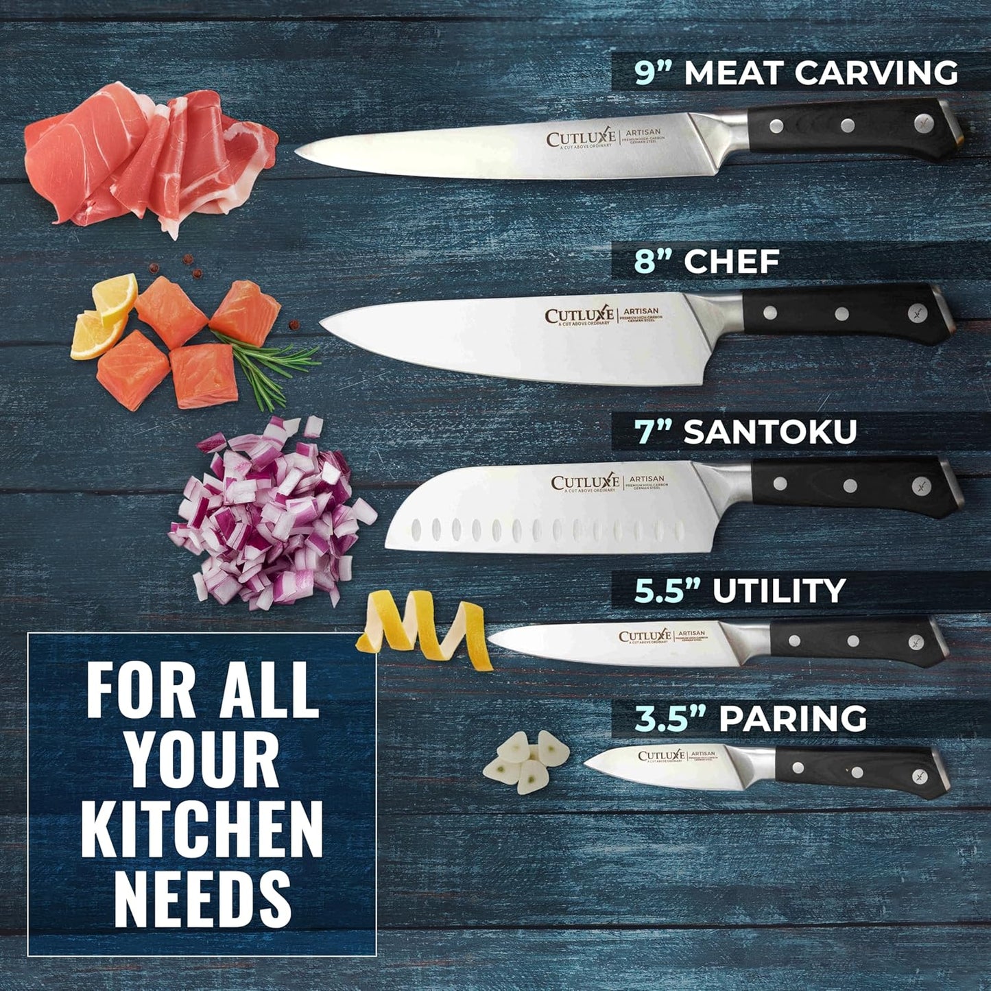 Cutluxe Chef Knife Set, 7 PCS Professional Chef's Knife Set – Razor Sharp German Steel, Full Tang, Ergonomic Handles – Artisan Series