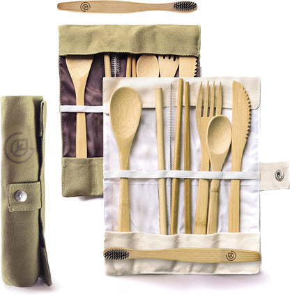 Greenzla Double Pack Bamboo Utensils Set with Bonus Toothbrush Pair, Straw, Spoon, Fork, Knife, Teaspoon, Chopsticks, Brush & Duo Storage Bags - Reusable Bamboo Cutlery - Wooden Utensil Set