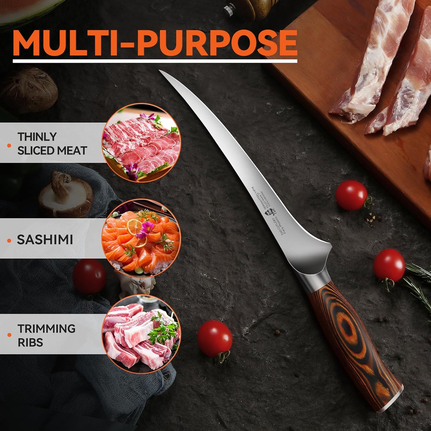 TUO Fillet Knife, 7 Inch Professional Fish Boning Knife for Trimming Meat & Poultry, Flexible Blade, High Carbon German Steel, Full Tang Handle - Black Hawk Series