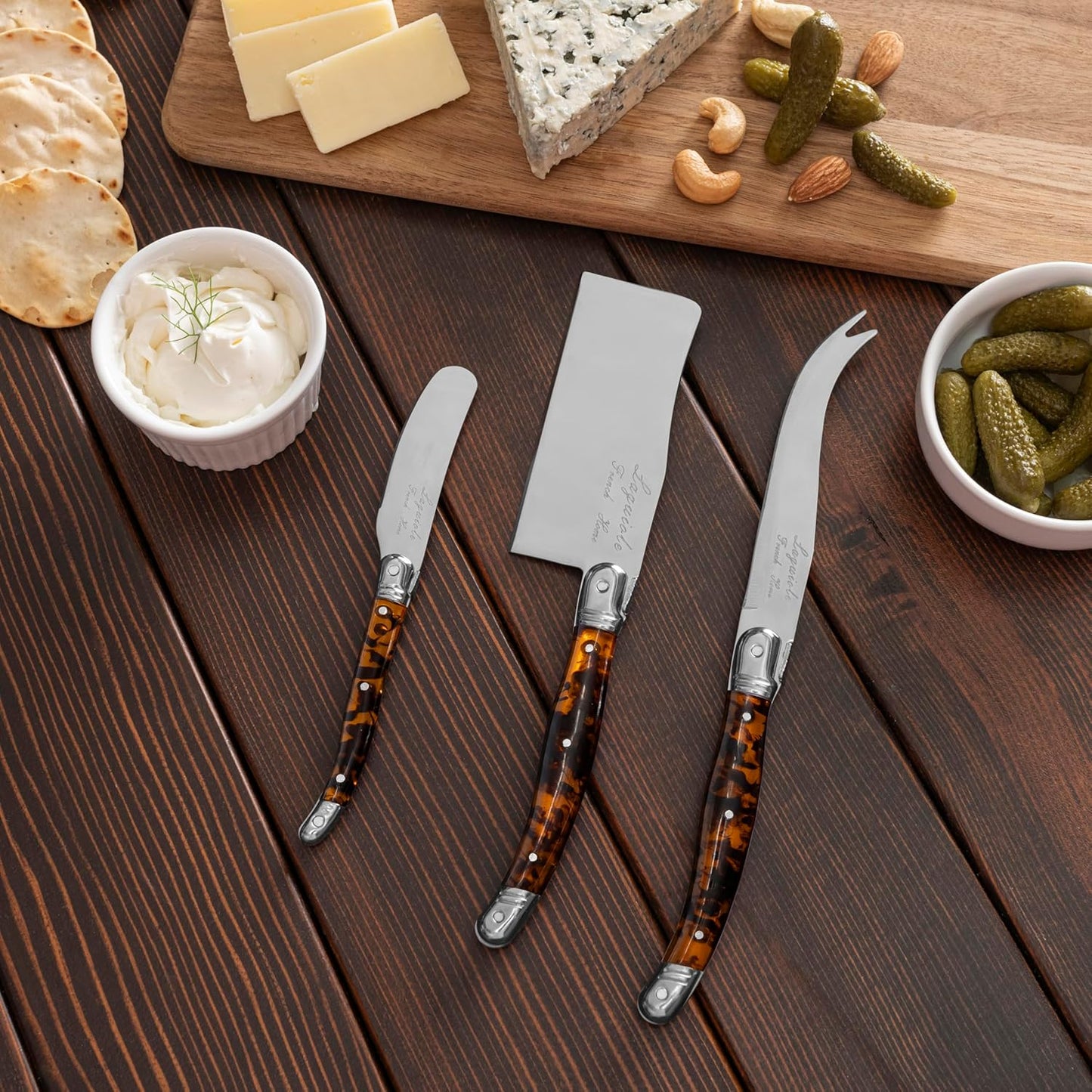 Laguiole Cheese Knife Set of 3 – Charcuterie Accessories w/Faux Ivory Handles – Includes 6.25" Cheese Spreader, 9.25" Spear & 8.5" Cleaver Knife