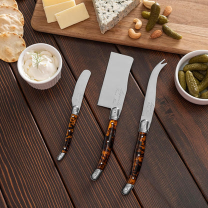 Laguiole Cheese Knife Set of 3 – Charcuterie Accessories w/Faux Ivory Handles – Includes 6.25" Cheese Spreader, 9.25" Spear & 8.5" Cleaver Knife