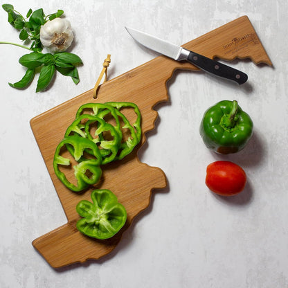 Totally Bamboo North Carolina State Shaped Cutting Board and Charcuterie Serving Platter with Artwork by Summer Stokes, Includes Hang Tie for Wall Display 18" x 8" x 5/8" - Colors B
