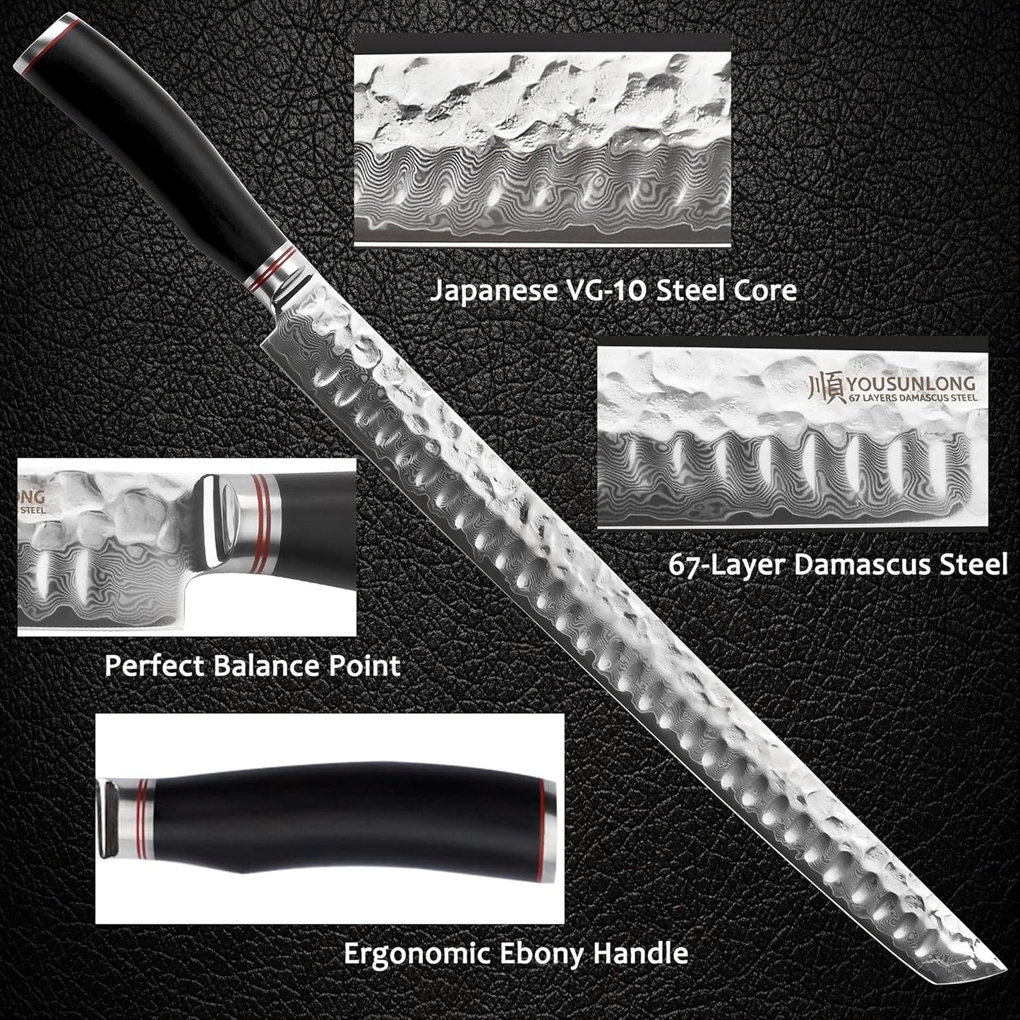 YOUSUNLONG Sakimaru Knife 15 inch(380mm) Ultimate Japanese Damascus Steel Fillet Knives Suitable for cutting tuna and salmon-Natural Ebony Handle With Leather Sheath