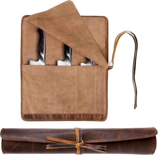 ELIZO Leather Knife Roll Bag Professional Chef Knife Case, Durable Knife Sheath Holder, Cooks & Culinary Tools Carrying Storage, Portable Knife Wrap - 4 Slots