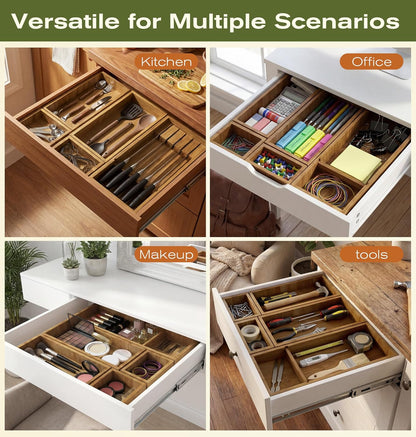 KOCWELL Bamboo Drawer Organizer with Knife Block, 3 Removable Silverware Drawer Organizer Bins - Multi-Use for Kitchen Utensils, Office, Makeup, Tools Storage