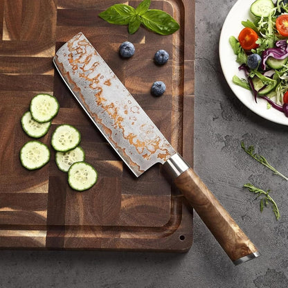 zayiko MysticMagma Nakiri Damascus Knife, 17 cm Blade made of 67 Layers of Damascus Steel with copper and bronze Inlay, DualCurve Handle made of maple root Wood, wooden Box