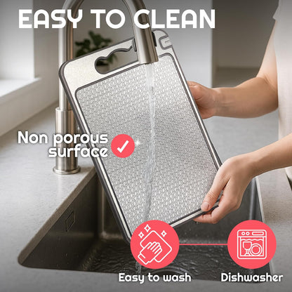 Double-Sided Stainless Steel Cutting Board for Meat & Vegetables – Non-Toxic, Easy to Clean, Includes Cut-Resistant Gloves & Sharpener
