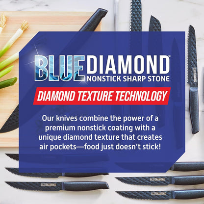 Blue Diamond Sharp Stone 14 Piece Knife Block Set, PFAS-Free Nonstick Diamond Textured Stainless Steel Blades, Rust Resistant Kitchen Cutlery, Chef & Steak Knives, Dishwasher Safe, Navy