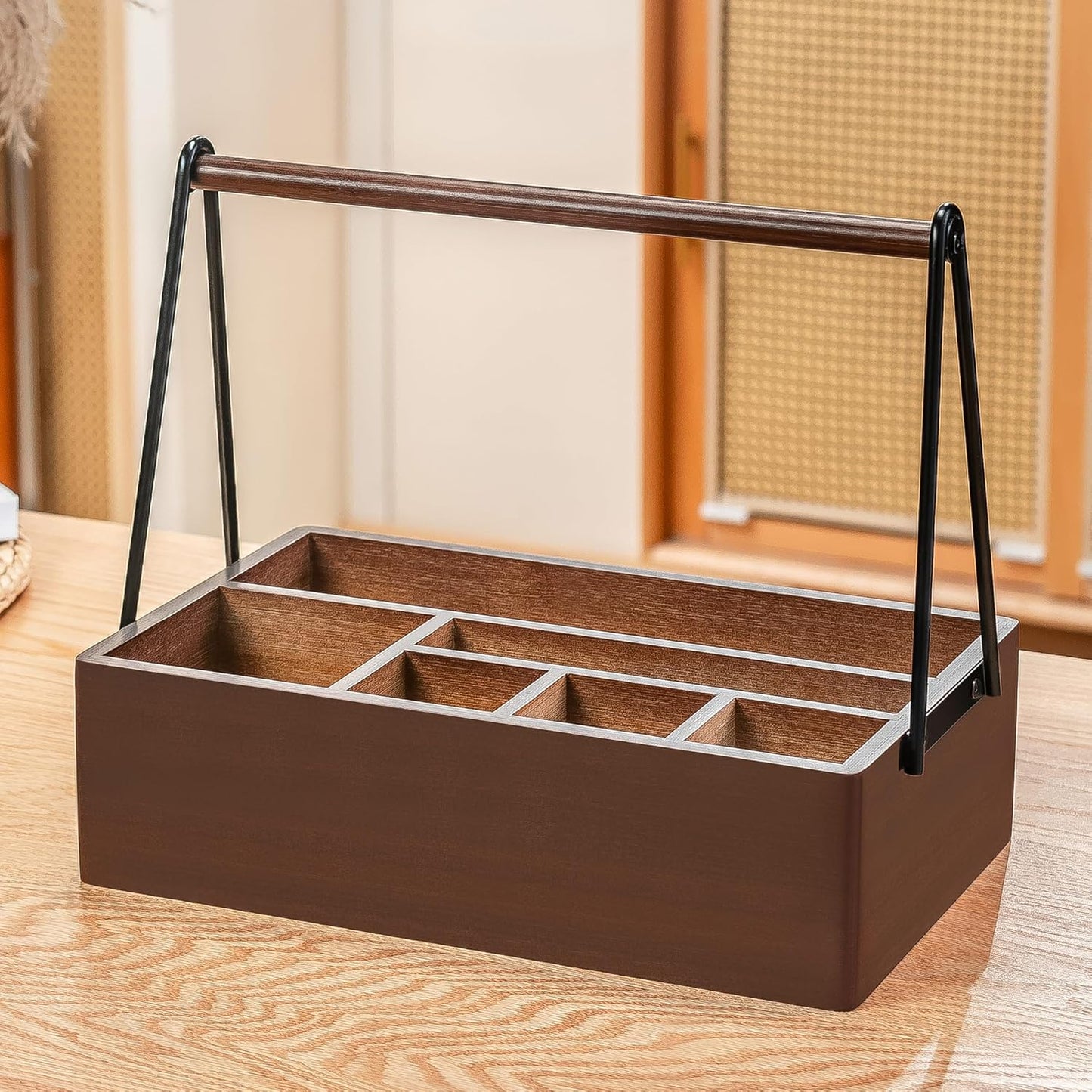 PTSTING Silverware Caddy Black Wood Silverware Holder Paper Plate Dispenser Utensil Caddy Cutlery Flatware Organizer Box for Spoons Forks Plates Napkins