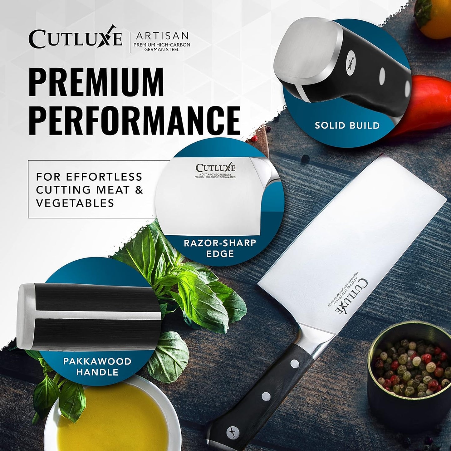 Cutluxe Meat Cleaver Knife - 7" Heavy Cleaver Butcher Knife, Razor Sharp German Steel Blade, Full Tang, Ergonomic Handle Design – Artisan Series