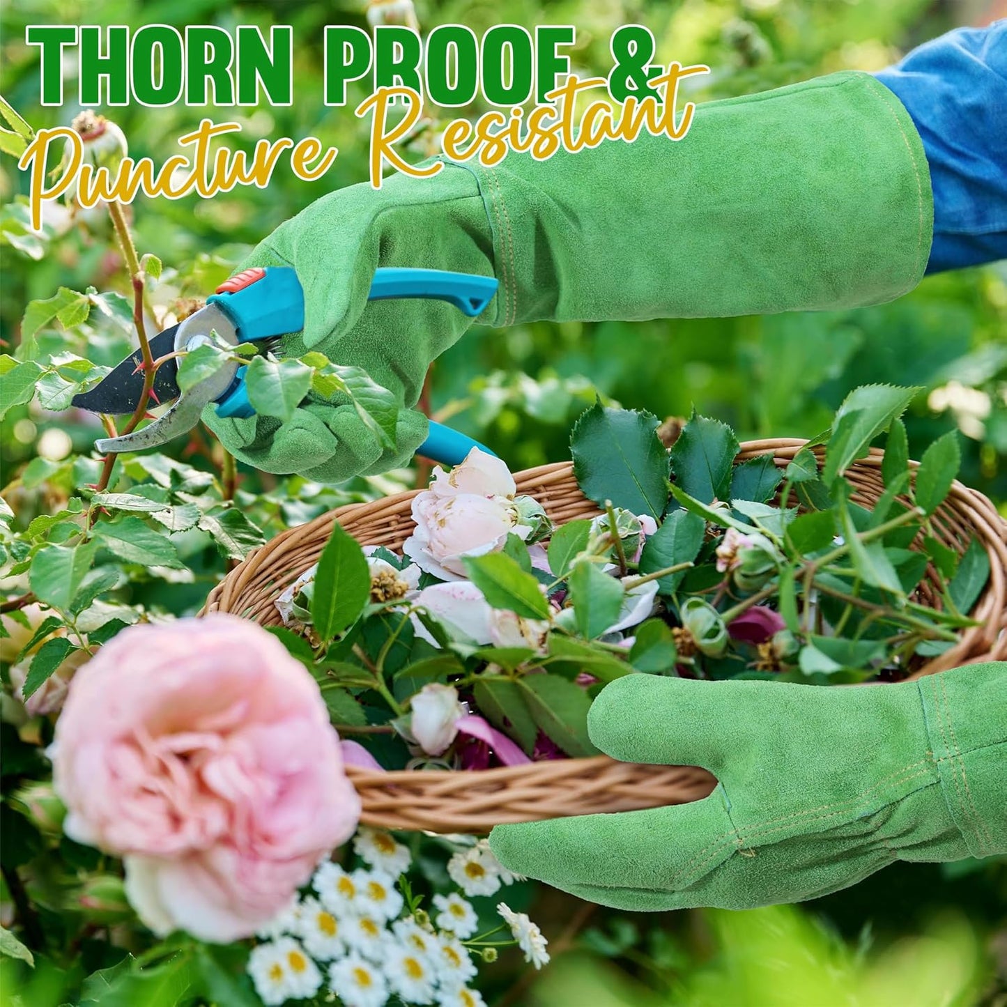 HANDLANDY Rose Pruning Gloves for Men & Women, Long Thorn Proof Gardening Gloves, Breathable Pigskin Leather Gauntlet, Best Garden Gifts & Tools for Gardener