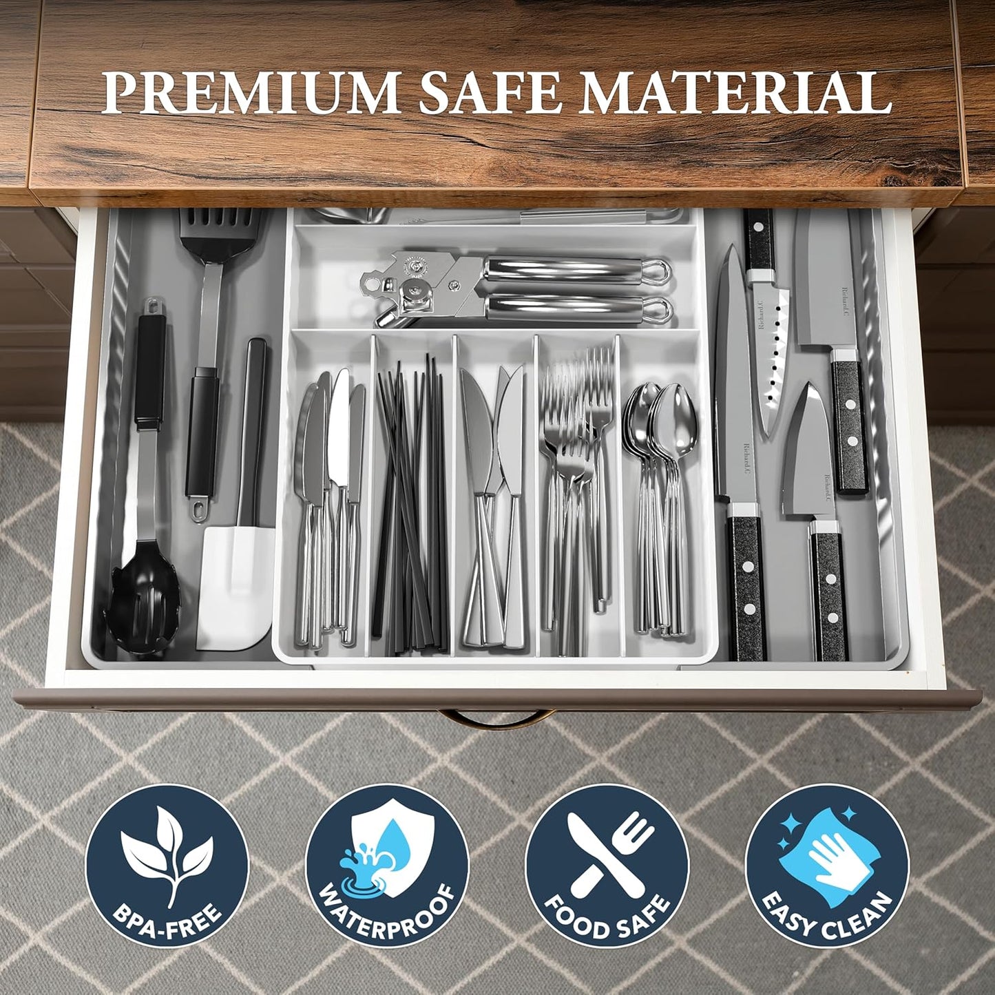 Simple Houseware Expandable & Adjustable Cutlery Drawer Organizer - Large Utensil and Flatware Tray for Kitchen Drawers, White