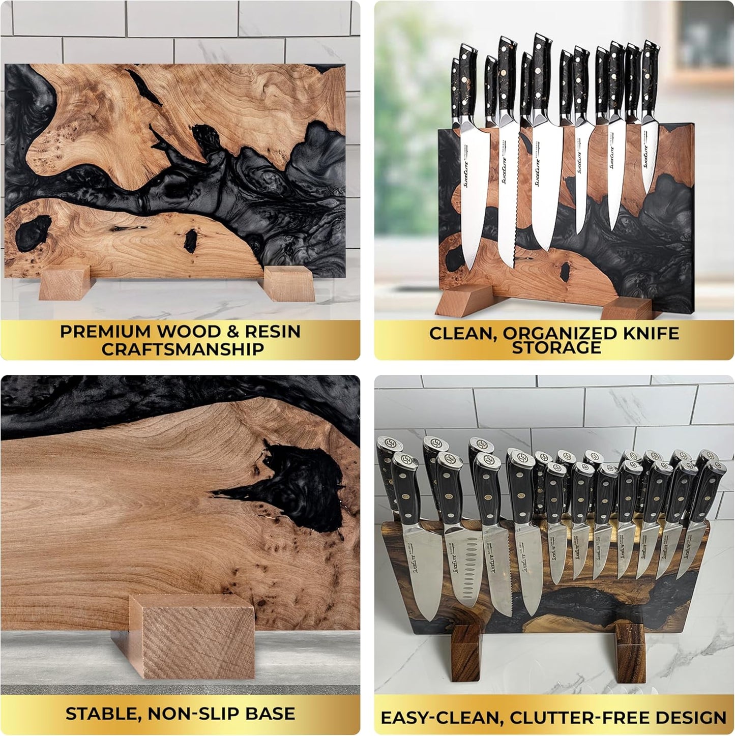 SliceElite Magnetic Knife Block Double Sided Holder East Indian Walnut Black Resin Dual Surface Magnet Storage for Knives on Kitchen Countertop Holds Up To 20 Knives