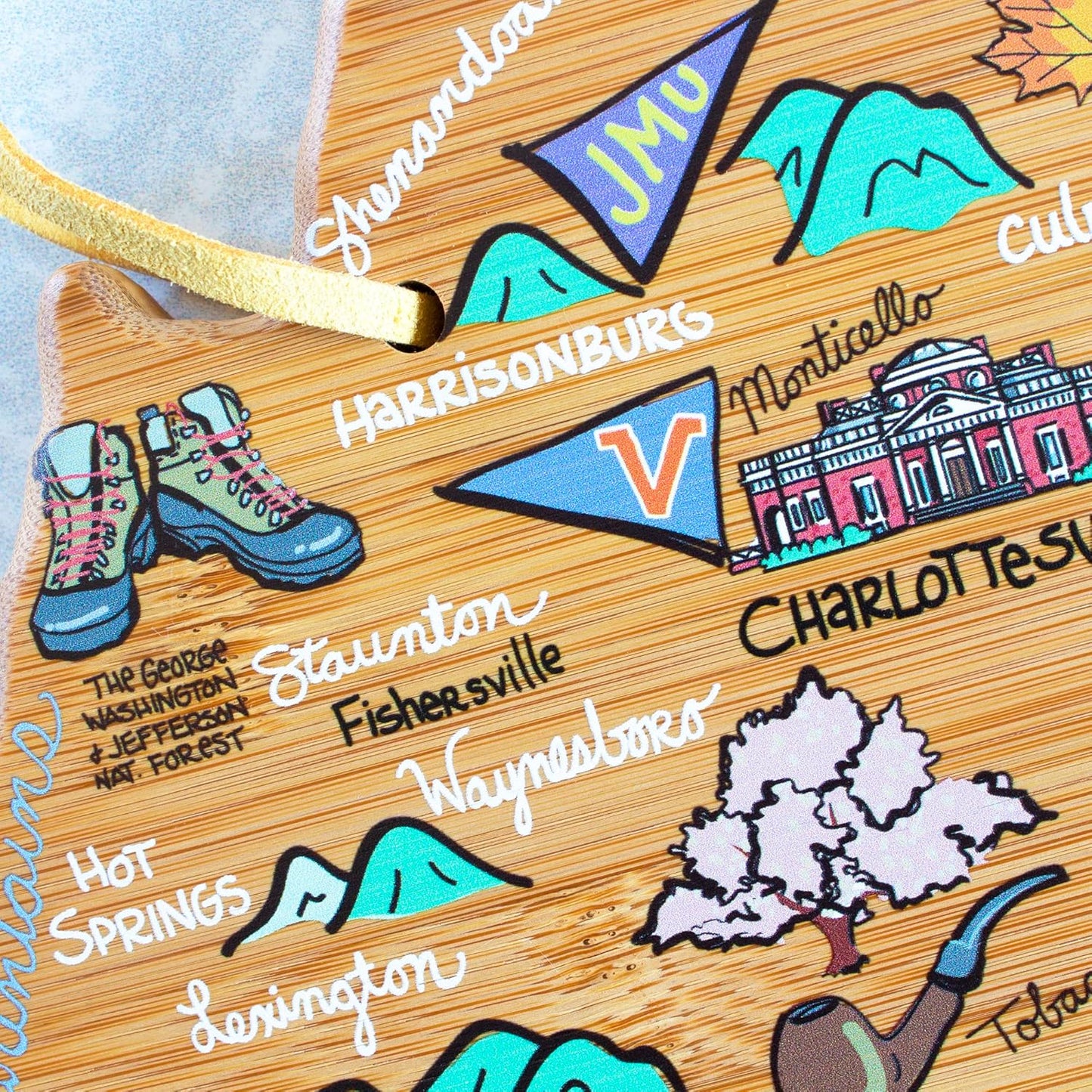 Totally Bamboo Tennessee State Shaped Cutting Board and Charcuterie Serving Platter with Artwork by Fish Kiss, Includes Hang Tie for Wall Display - Colors B