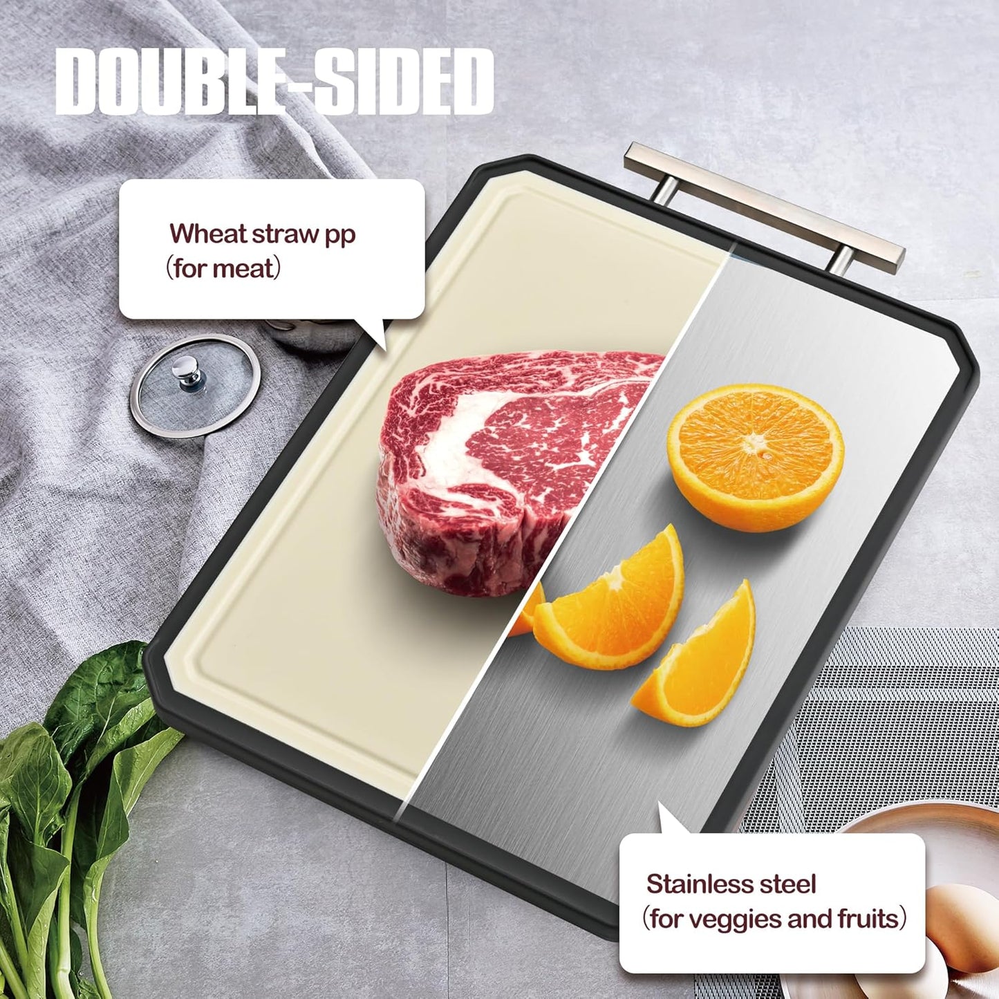 SNOWCLAD Stainless Steel Cutting Board,Double Sided Steel Bread Boards for kitchen,Stainless Steel/Wheat straw pp Large Board for meat,non toxic Chopping,16 * 11 Inch,Dishwasher Safe