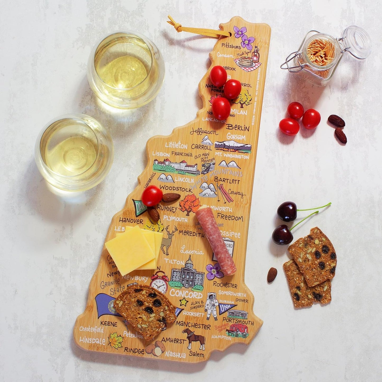 Totally Bamboo Tennessee State Shaped Cutting Board and Charcuterie Serving Platter with Artwork by Fish Kiss, Includes Hang Tie for Wall Display - Colors B