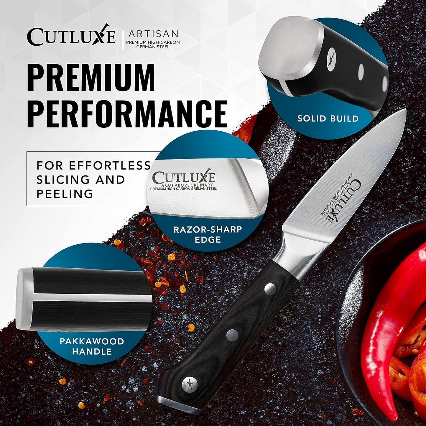 Cutluxe Paring Knife, 3.5" Small Kitchen Peeling Knife with Razor Sharp Blade – High Carbon German Steel, Full Tang, Ergonomic Handle Design – Artisan Series