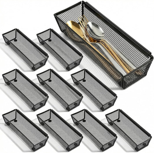 Kenaoeo 10 Pack silverware organizer And utensil drawer organizer, Mesh Metal Storage Tray For Flatware Knives Spoons Forks With Interlocking Arms And Non-Slip Pads, 9.6 x 3 x 2 Inch