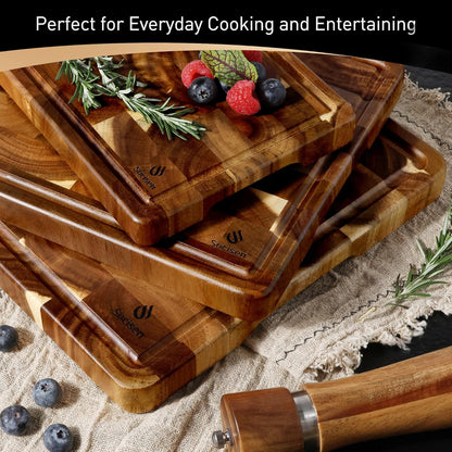 End Grain Cutting Board for Kitchen with Non-slip Feet, Acacia Wood Heavy Duty Checkered Cutting Board Upgraded Chopping Board with Juice Groove & Handle Large Wooden Butcher Block with Gift Box