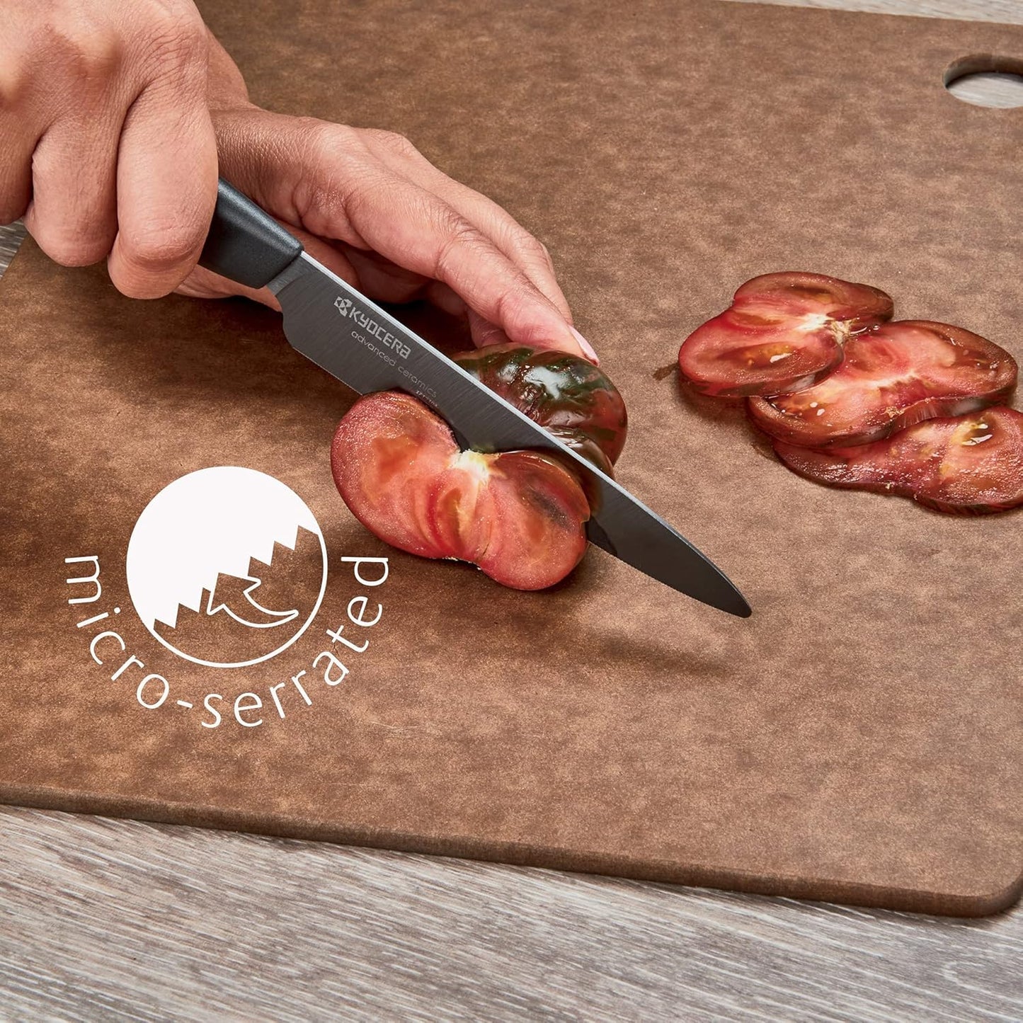 Kyocera Advanced Ceramics – Revolution Series 3-Piece Ceramic Knife Set: Includes 6-inch Chef's Knife; 5-inch Micro Serrated Knife; and 3-inch Paring Knife; Black Handles with White Blades