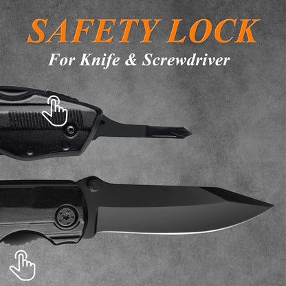 RoverTac Pocket Knife, 15-in-1 Multitool with Pliers, Bottle & Can Opener, 9 Screwdriver Bits, Locking Mechanism & Nylon Sheath - EDC Multi Tool for Camping, Hiking & DIY, Gift for Men & Dad