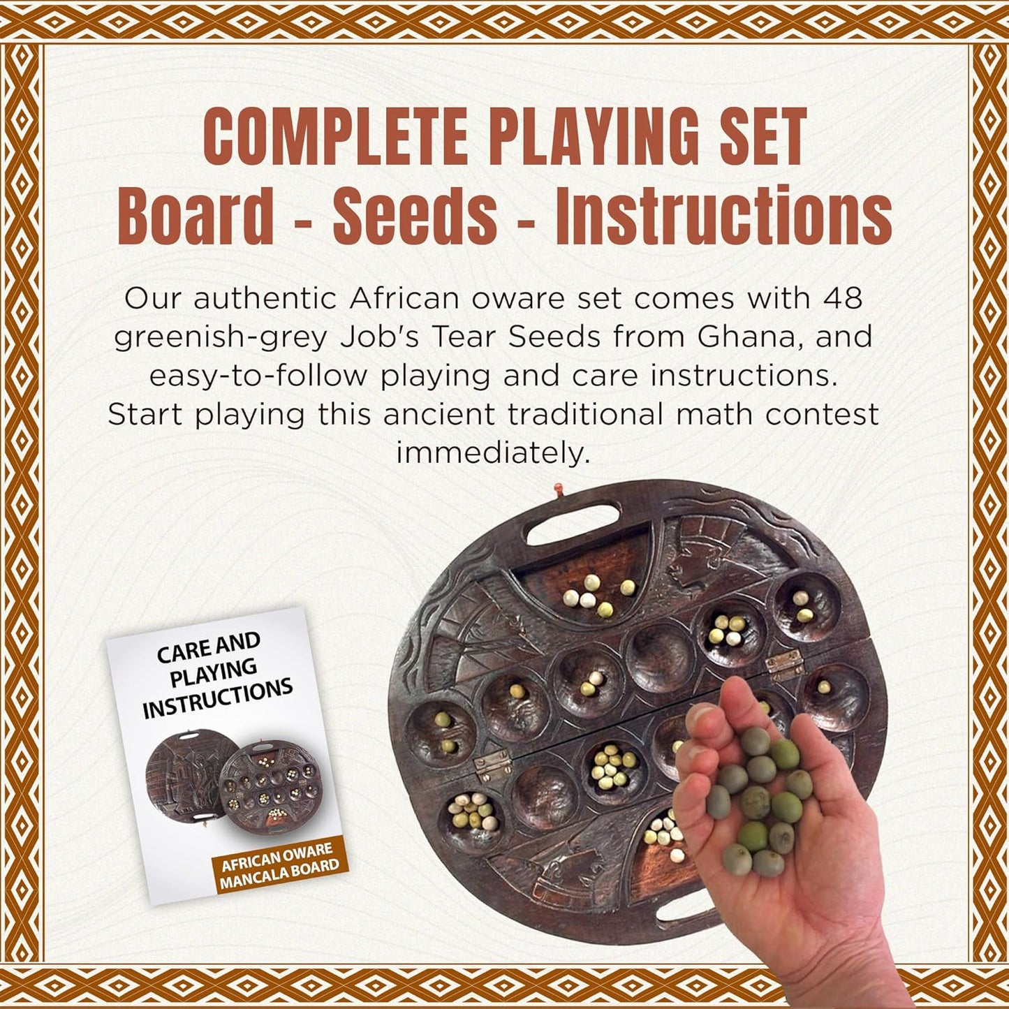 Africa Heartwood Project African Oware Mancala Board - Deluxe Circular Shape with Handle, Hand-Carved, Solid Wood with Detailed Designs, Wooden Folding, 48 Seeds and Instructions Included