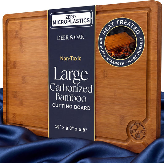 Pre-Oiled, Non Toxic 3-Piece Carbonized Bamboo Cutting Board Set, Eco-Friendly Wooden Chopping Boards for Kitchen with Hanging Hole, 500°F Carbonized Technology Charcuterie Serving Boards Deer & Oak
