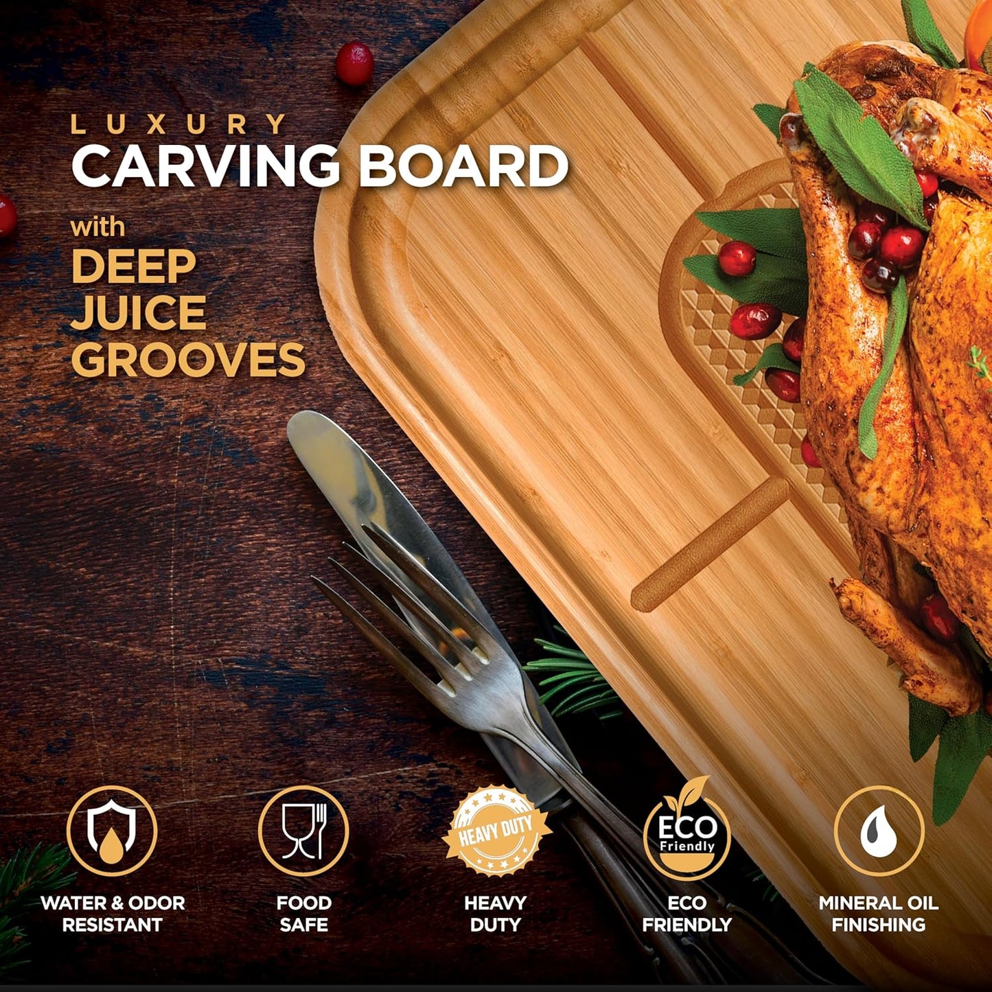 Meat Cutting Board - Extra Large Bamboo Carving Board, 18 x 13 Thick Butcher Block Cutting Board with Deep Juice Groove, Non Slip Center, Reversible Board for Steak, Brisket, Turkey, Grilling BBQ Prep