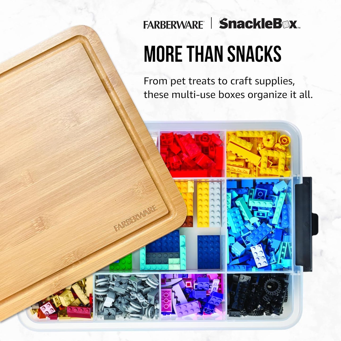 Farberware Build Snacklebox Serving Tray with Locking Bamboo Cutting Board Lid, Portable Storage Container with Compartments for Charcuterie, and More, Natural