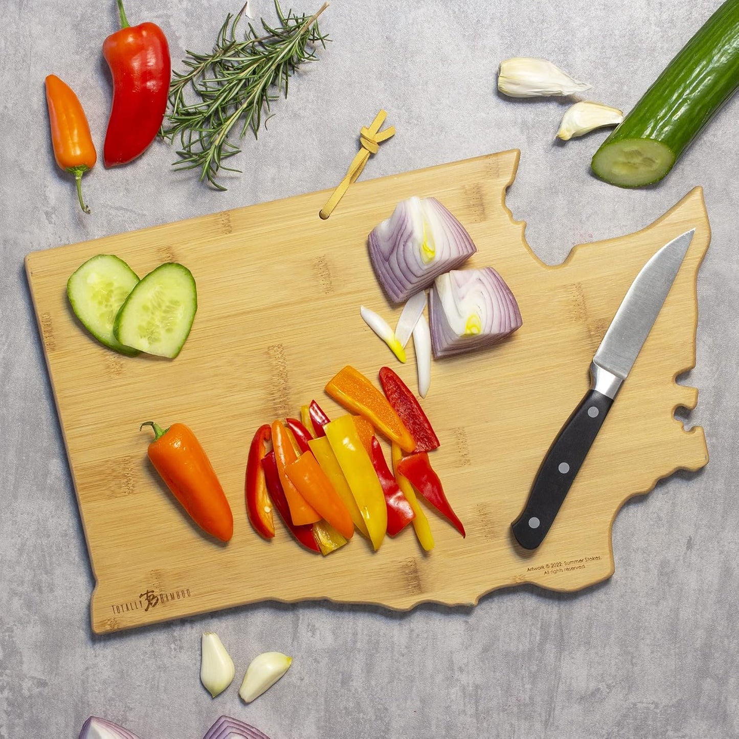 Totally Bamboo North Carolina State Shaped Cutting Board and Charcuterie Serving Platter with Artwork by Summer Stokes, Includes Hang Tie for Wall Display 18" x 8" x 5/8" - Colors B