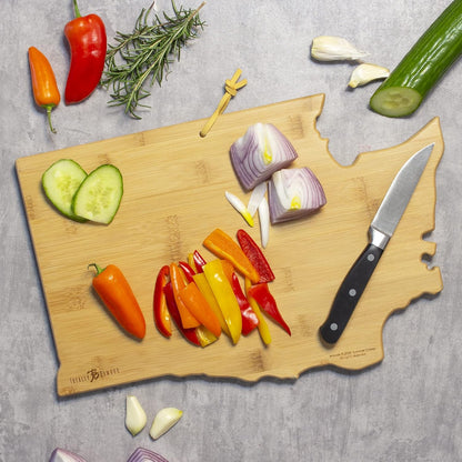 Totally Bamboo North Carolina State Shaped Cutting Board and Charcuterie Serving Platter with Artwork by Summer Stokes, Includes Hang Tie for Wall Display 18" x 8" x 5/8" - Colors B