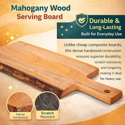Creative Home Mahogany Wood Charcuterie Board with Live Edge, Handmade Rustic Cheese Serving Tray, Solid Hardwood Bread & Appetizer Board, 14 x 5 Inch