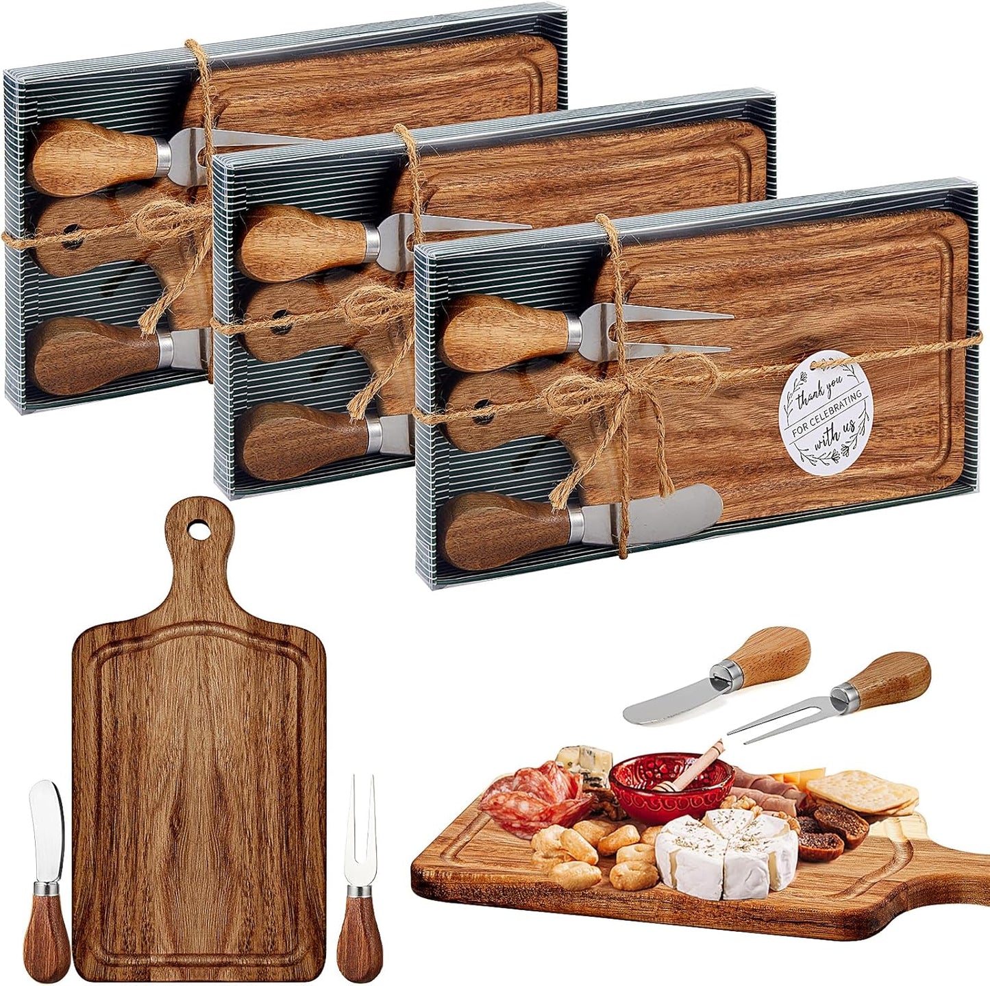 1 Set Bridal Baby Shower Cheese Prizes Wooden Square Board Gift Set Knives Forks Thank You Tags with Box for Guests for Valentines Bridal Baby Shower Housewarming Gifts (Acacia Color)