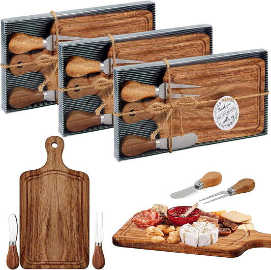 1 Set Bridal Baby Shower Cheese Prizes Wooden Square Board Gift Set Knives Forks Thank You Tags with Box for Guests for Valentines Bridal Baby Shower Housewarming Gifts (Acacia Color)