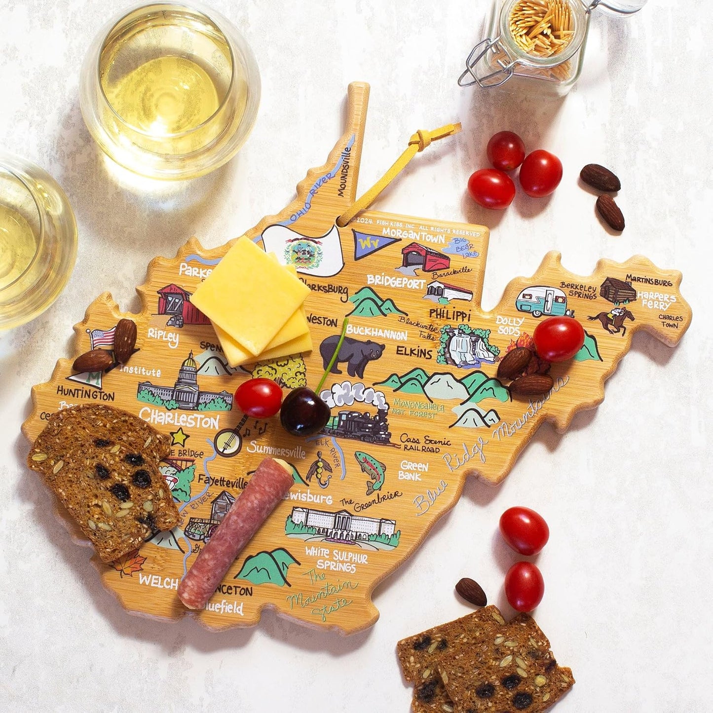 Totally Bamboo Tennessee State Shaped Cutting Board and Charcuterie Serving Platter with Artwork by Fish Kiss, Includes Hang Tie for Wall Display - Colors B