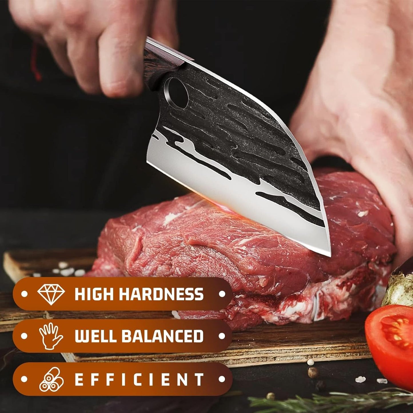 Huusk Upgraded Serbian Chef Knife-Japanese Meat Cleaver Knife for Meat Cutting Forged Butcher Knives with Sheath Full Tang Kitchen Chopping Knives for Home, Outdoor Camping, Gift for Men and Women