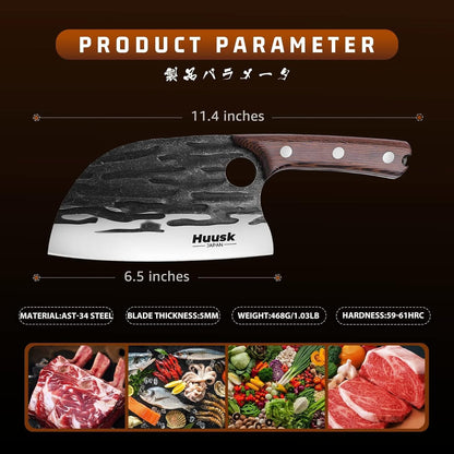 Huusk Upgraded Serbian Chef Knife-Japanese Meat Cleaver Knife for Meat Cutting Forged Butcher Knives with Sheath Full Tang Kitchen Chopping Knives for Home, Outdoor Camping, Gift for Men and Women