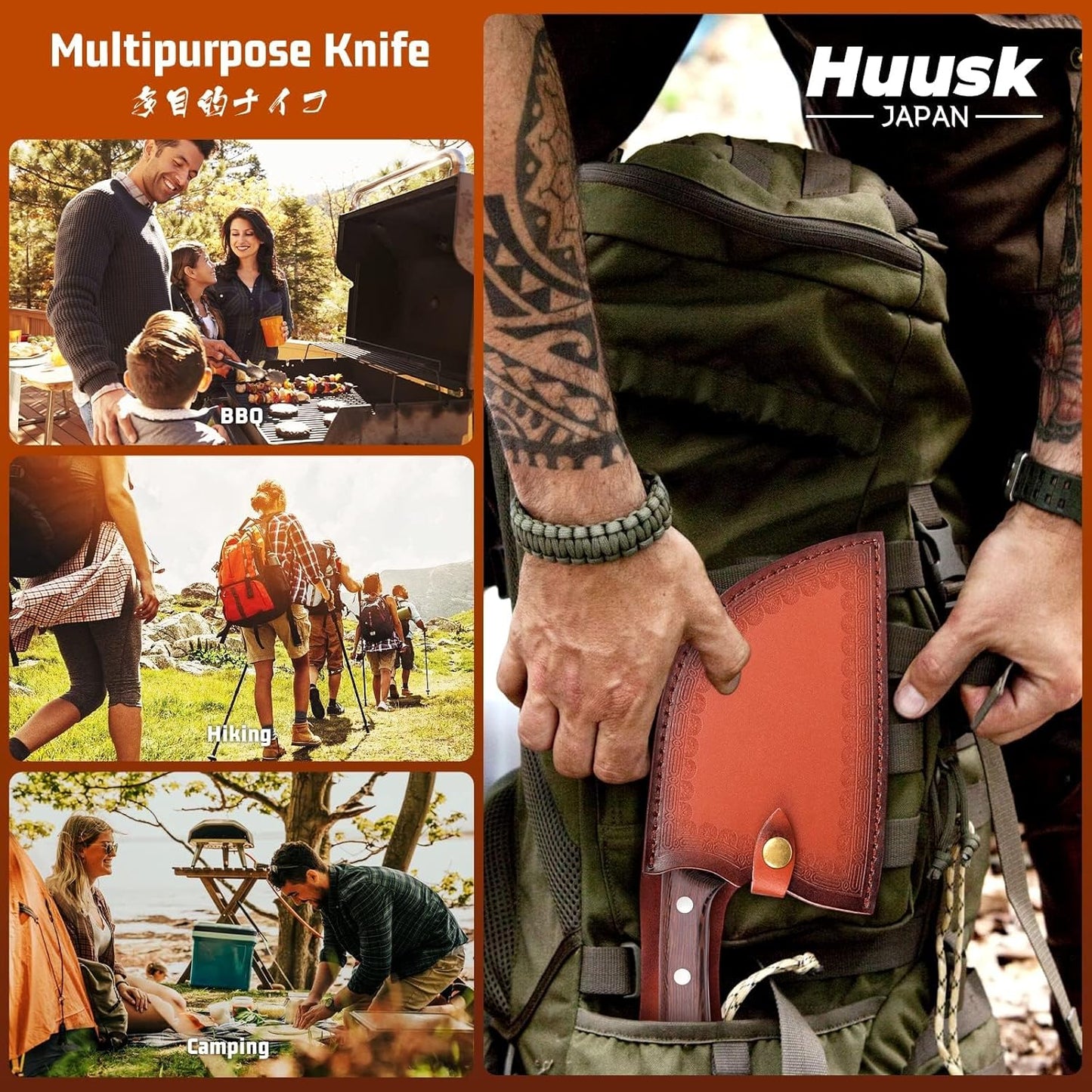 Huusk Upgraded Serbian Chef Knife-Japanese Meat Cleaver Knife for Meat Cutting Forged Butcher Knives with Sheath Full Tang Kitchen Chopping Knives for Home, Outdoor Camping, Gift for Men and Women