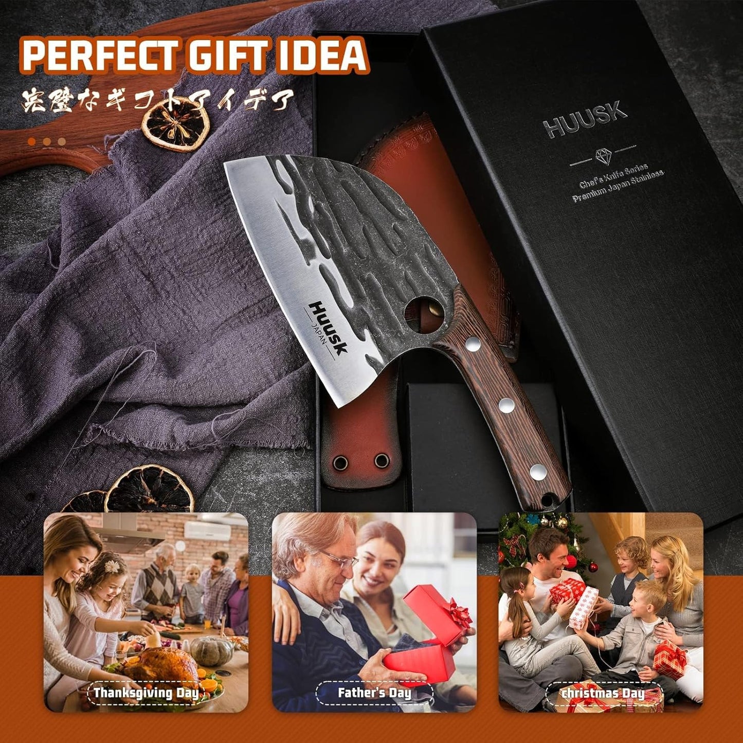 Huusk Upgraded Serbian Chef Knife-Japanese Meat Cleaver Knife for Meat Cutting Forged Butcher Knives with Sheath Full Tang Kitchen Chopping Knives for Home, Outdoor Camping, Gift for Men and Women