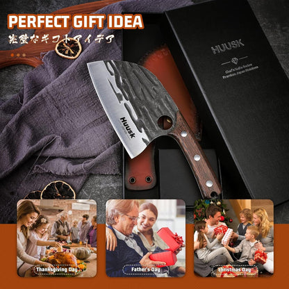 Huusk Upgraded Serbian Chef Knife-Japanese Meat Cleaver Knife for Meat Cutting Forged Butcher Knives with Sheath Full Tang Kitchen Chopping Knives for Home, Outdoor Camping, Gift for Men and Women