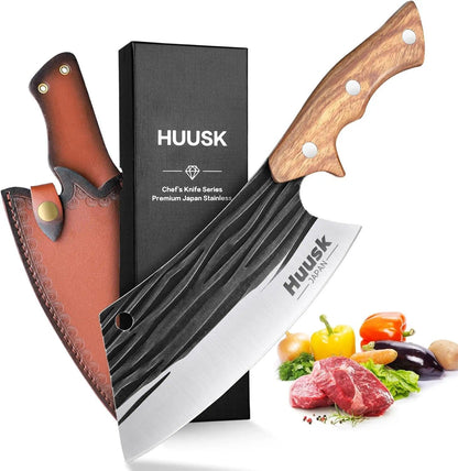 Huusk Upgraded Serbian Chef Knife-Japanese Meat Cleaver Knife for Meat Cutting Forged Butcher Knives with Sheath Full Tang Kitchen Chopping Knives for Home, Outdoor Camping, Gift for Men and Women