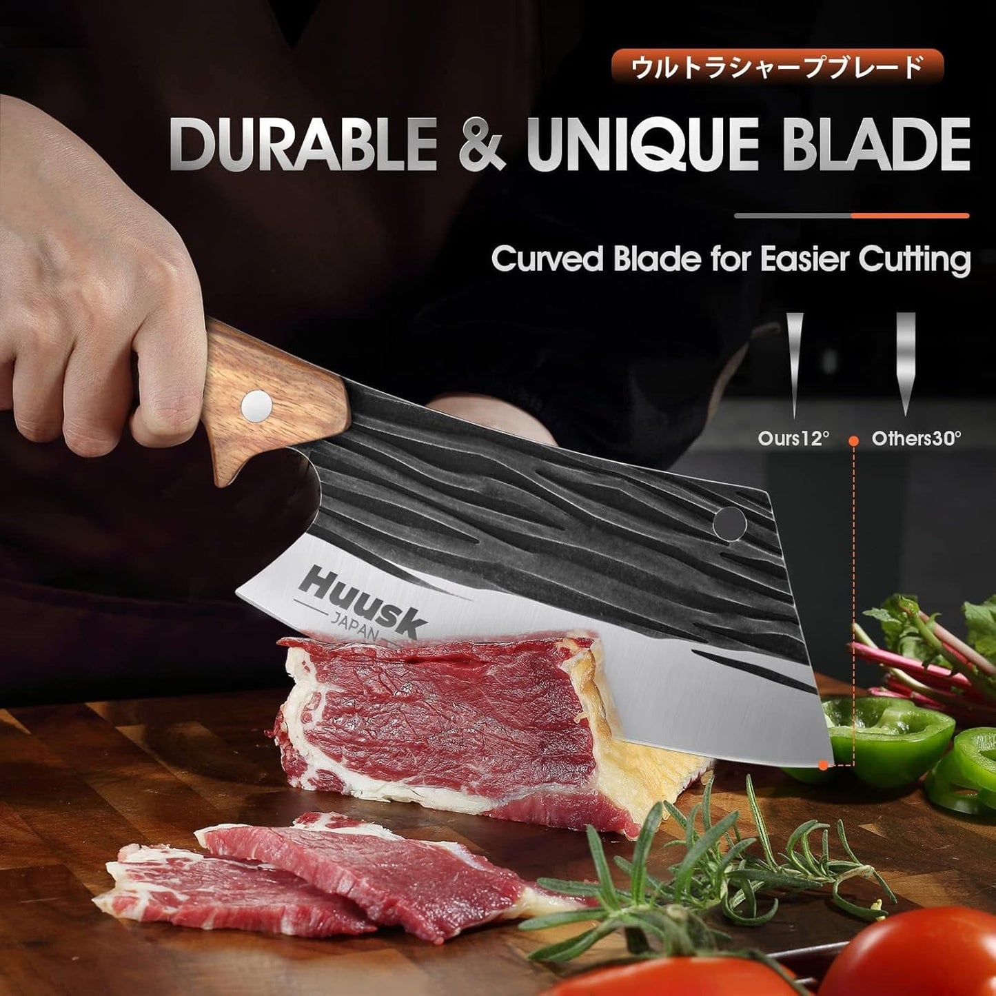 Huusk Upgraded Serbian Chef Knife-Japanese Meat Cleaver Knife for Meat Cutting Forged Butcher Knives with Sheath Full Tang Kitchen Chopping Knives for Home, Outdoor Camping, Gift for Men and Women