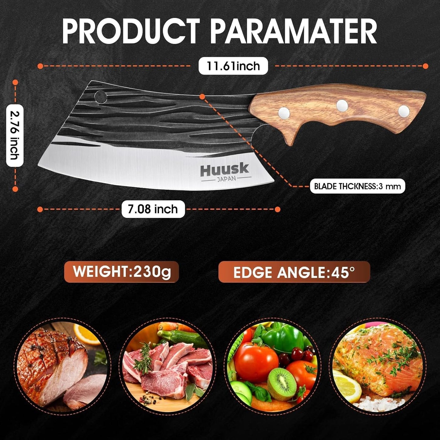 Huusk Upgraded Serbian Chef Knife-Japanese Meat Cleaver Knife for Meat Cutting Forged Butcher Knives with Sheath Full Tang Kitchen Chopping Knives for Home, Outdoor Camping, Gift for Men and Women