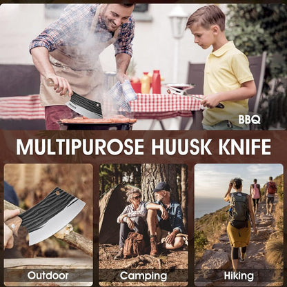 Huusk Upgraded Serbian Chef Knife-Japanese Meat Cleaver Knife for Meat Cutting Forged Butcher Knives with Sheath Full Tang Kitchen Chopping Knives for Home, Outdoor Camping, Gift for Men and Women