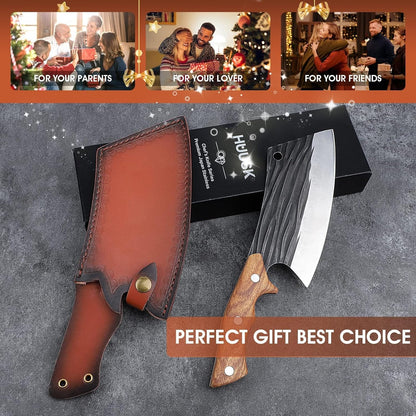 Huusk Upgraded Serbian Chef Knife-Japanese Meat Cleaver Knife for Meat Cutting Forged Butcher Knives with Sheath Full Tang Kitchen Chopping Knives for Home, Outdoor Camping, Gift for Men and Women