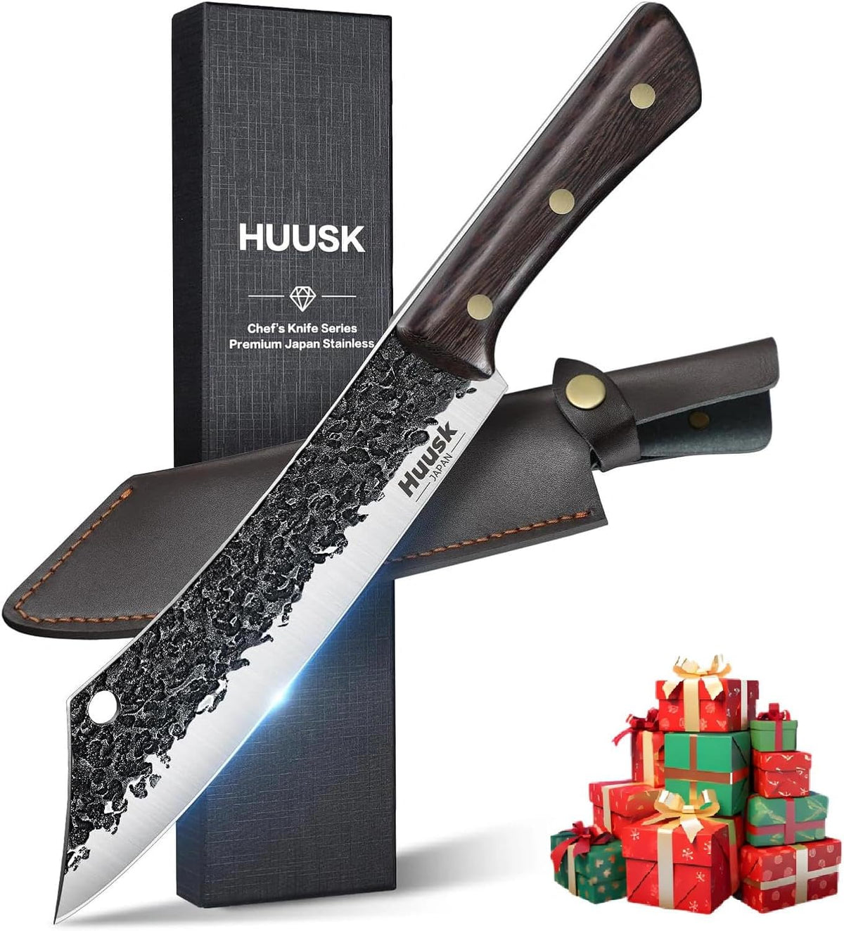 Huusk Upgraded Serbian Chef Knife-Japanese Meat Cleaver Knife for Meat Cutting Forged Butcher Knives with Sheath Full Tang Kitchen Chopping Knives for Home, Outdoor Camping, Gift for Men and Women