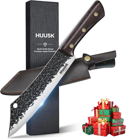Huusk Upgraded Serbian Chef Knife-Japanese Meat Cleaver Knife for Meat Cutting Forged Butcher Knives with Sheath Full Tang Kitchen Chopping Knives for Home, Outdoor Camping, Gift for Men and Women