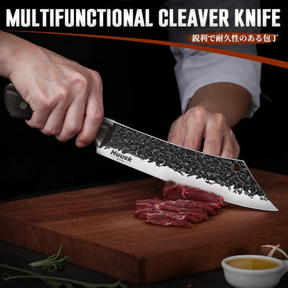 Huusk Upgraded Serbian Chef Knife-Japanese Meat Cleaver Knife for Meat Cutting Forged Butcher Knives with Sheath Full Tang Kitchen Chopping Knives for Home, Outdoor Camping, Gift for Men and Women
