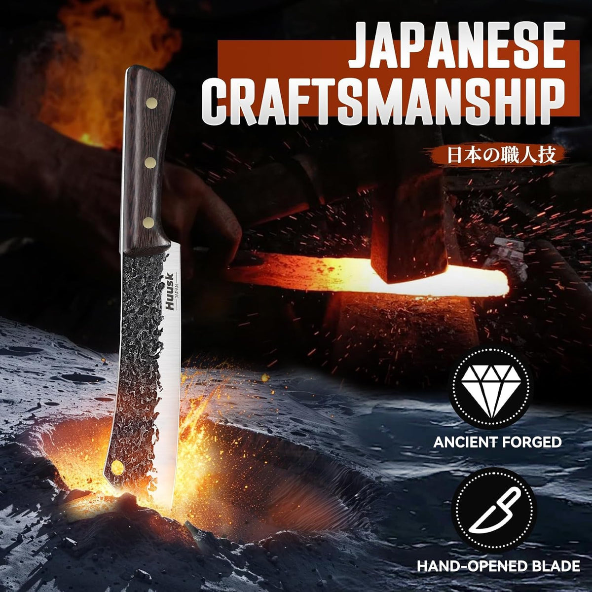 Huusk Upgraded Serbian Chef Knife-Japanese Meat Cleaver Knife for Meat Cutting Forged Butcher Knives with Sheath Full Tang Kitchen Chopping Knives for Home, Outdoor Camping, Gift for Men and Women